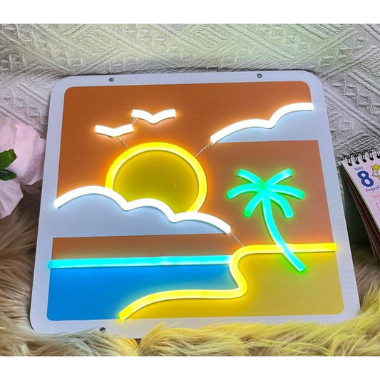 Lovely Bright Tropical Island Vacation Palm Tree Sunset LED Light Wall Art Decor