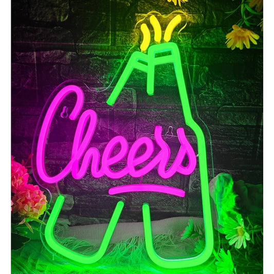 Vivid Fun Bright Green/Pink Cheers Beer Bottle LED Night Light Room Wall Decor