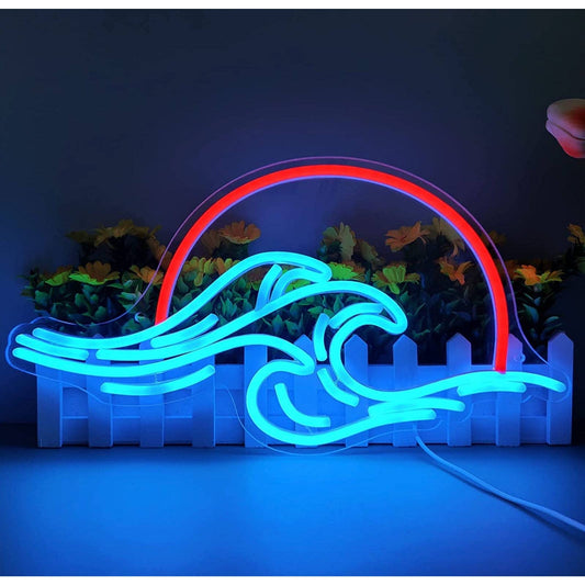 Lovely Bright Double Ocean Wave Red Sunset LED Night Light Room Wall Decor