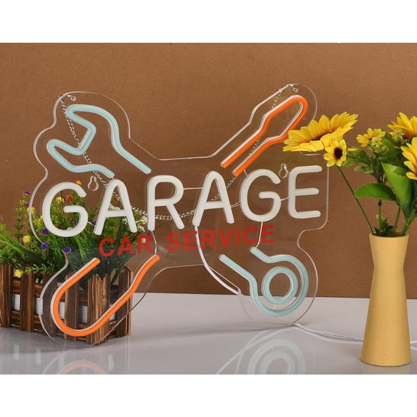 Vivid Bright Blue/Orange Garage Wrench & Screw Driver LED Light Sign Decor