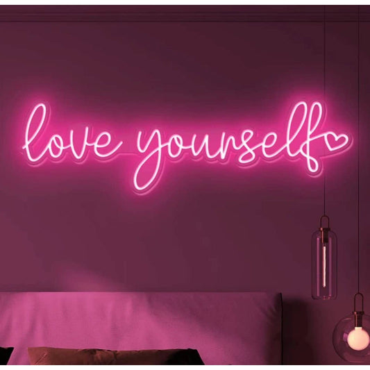 Lovely Bright Pink “Love Yourself” Heart LED Night Light Room Wall Decoration
