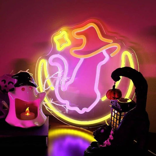 Adorable Pink Witch Kitty Cat Sitting on the Moon LED Night Light Halloween Deco