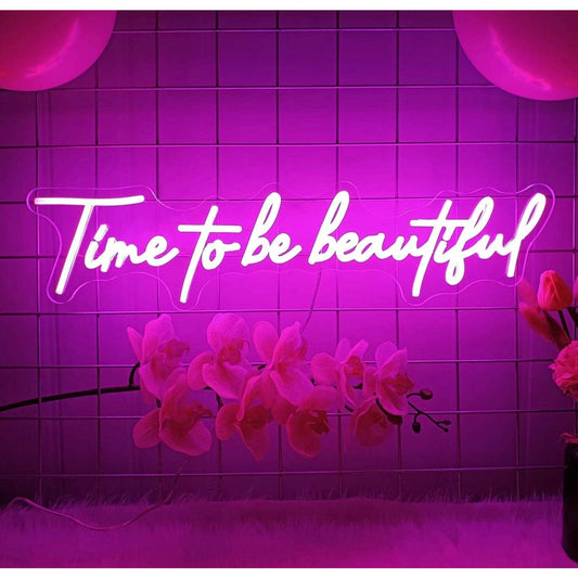 Lovely Bright Hot Pink “Time to be Beautiful” LED Night Light Room Wall Decorati