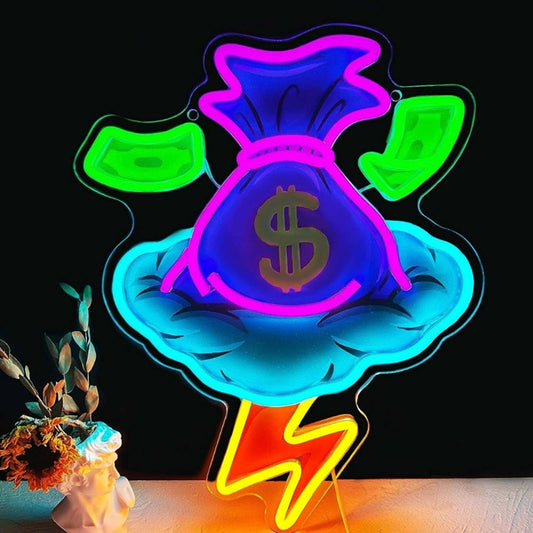 Vivid Bright Colorful Money Bag on Lightning Cloud LED Night Light Room Wall Dec