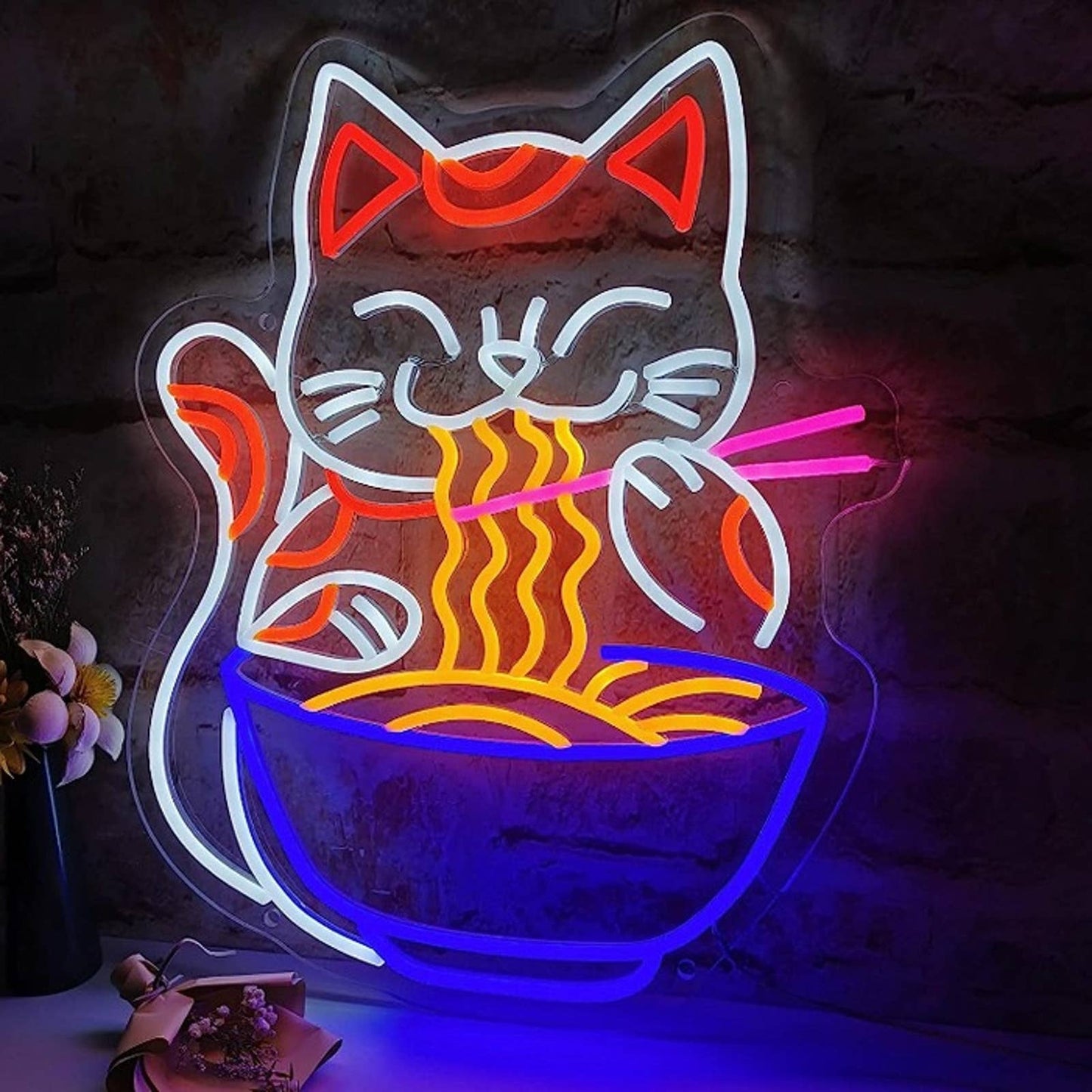 Super Cute Chinese Kitty Cat Eating Ramen Noodles LED Night Light Wall Decor