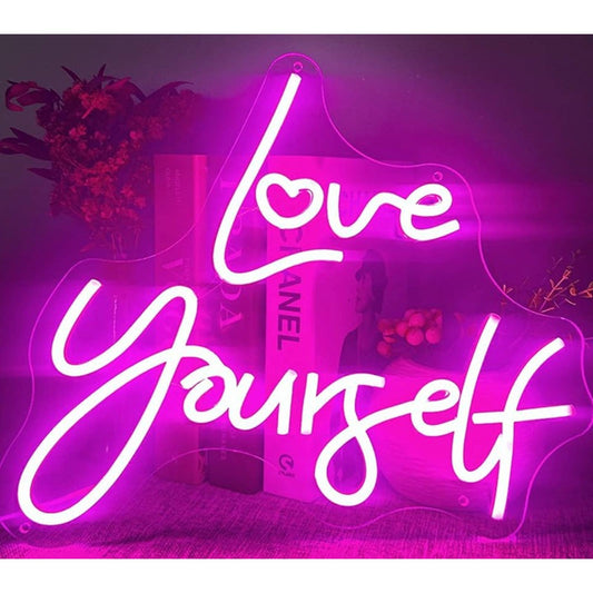 Lovely Vivid Bright Pink “Love Yourself” Heart LED Night Light Room Wall Decor