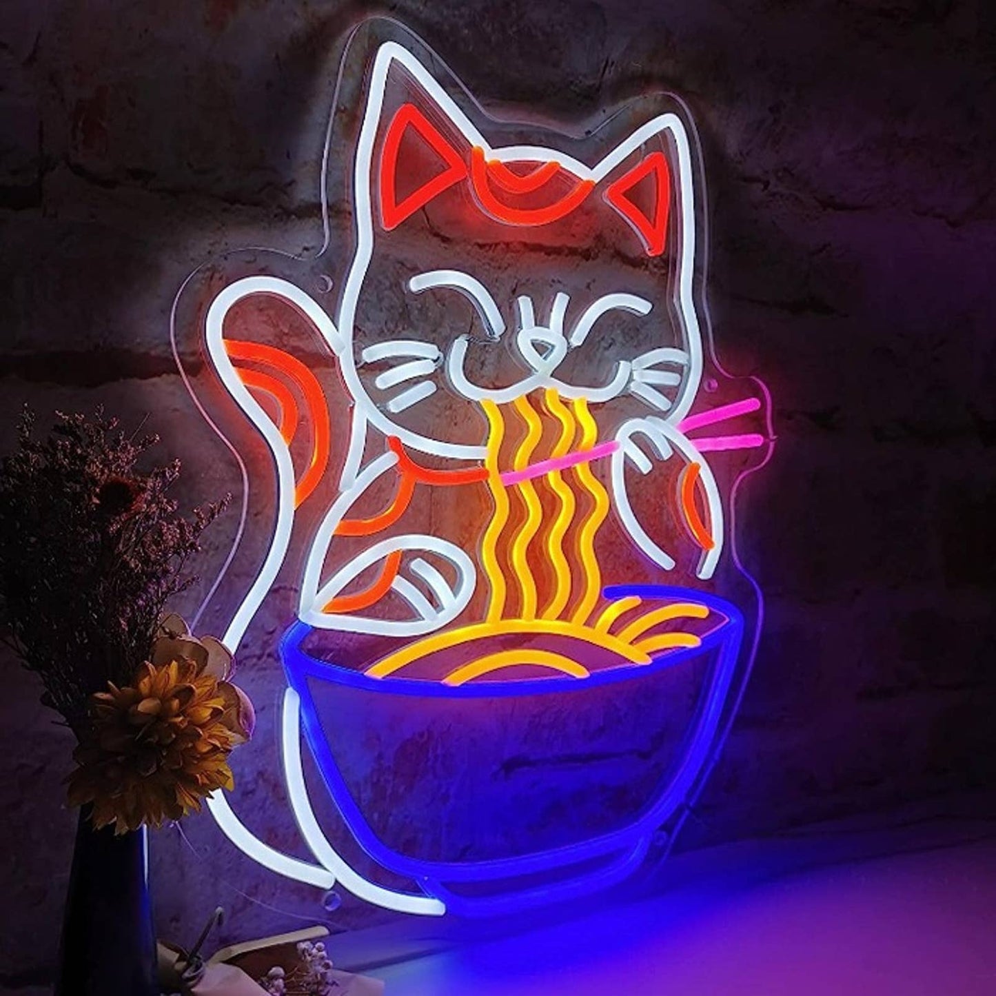 Super Cute Chinese Kitty Cat Eating Ramen Noodles LED Night Light Wall Decor