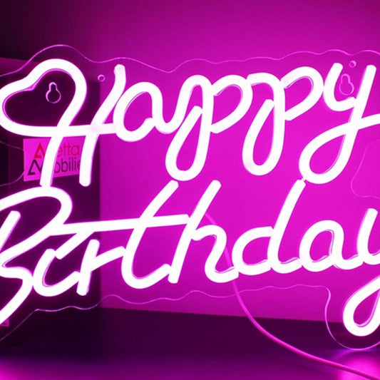 Lovely Bright Pink “Happy Birthday Heart” LED Night Light Room Wall Decor