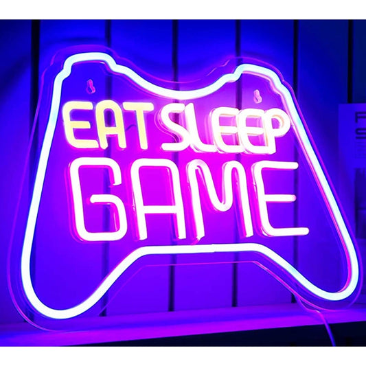 Fun Bright Blue “EAT SLEEP GAME” Video Gamer Controller LED Light Game Room Deco