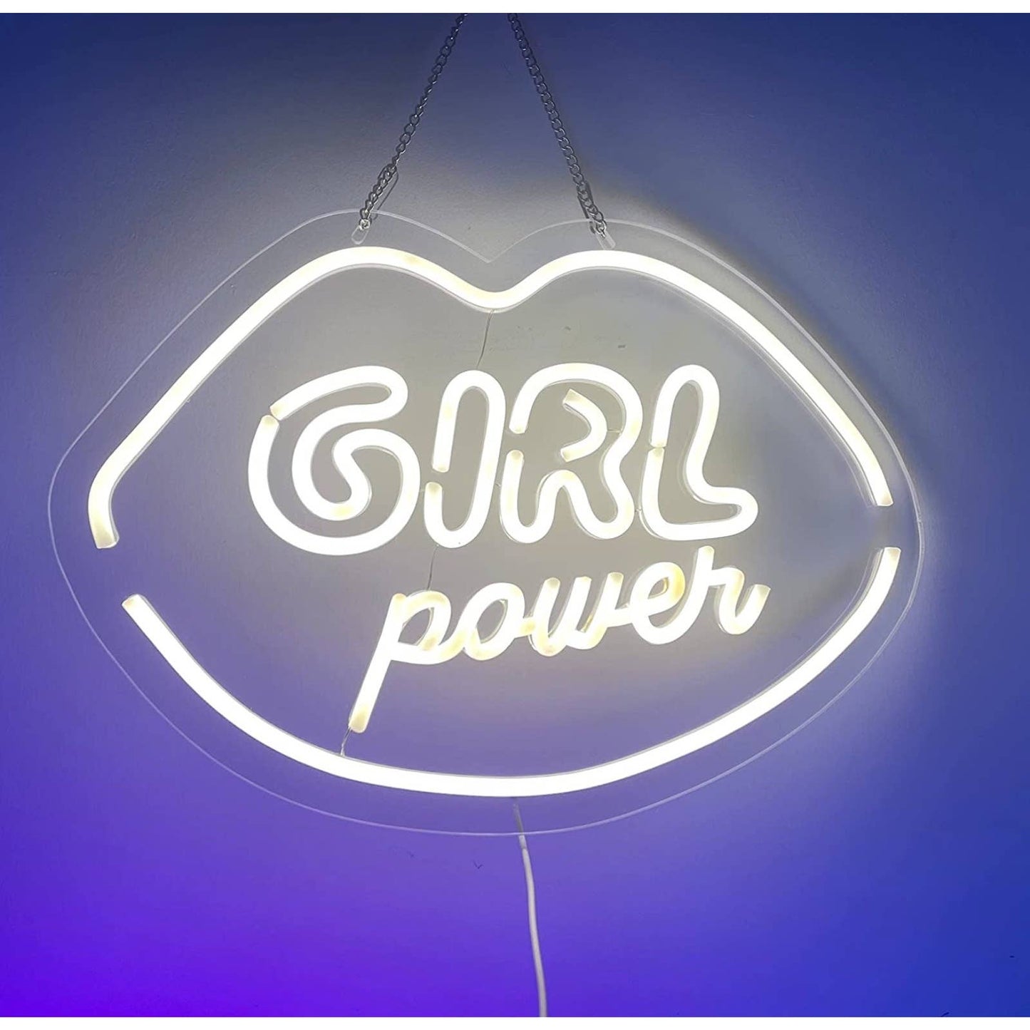 Lovely White Girl Power Lips LED Night Light Sign Room Wall Decor