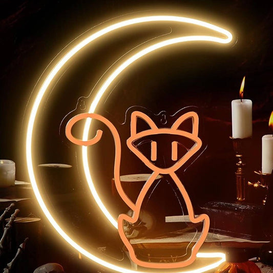 Cute Orange Kitty Cat Sitting on a Crescent Moon LED Night Light Room Wall Decor