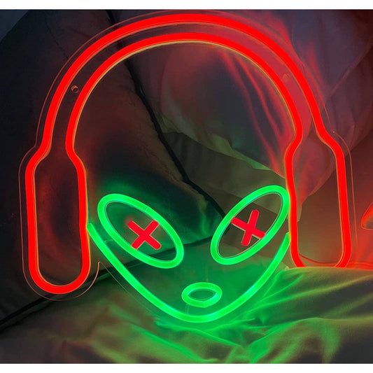 Cool Bright Green Alien Wearing Headphones LED Night Light Game Room Wall Decor