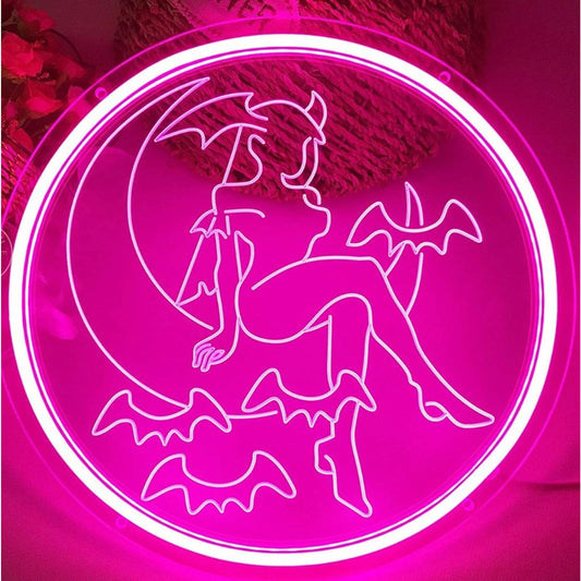 Fun Bright Pink Bat Girl Sitting on Crescent Moon LED Night Light Decor