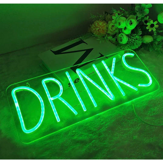 Bright Green “Drinks” LED Night Light Party Sign Room Bar Wall Decor