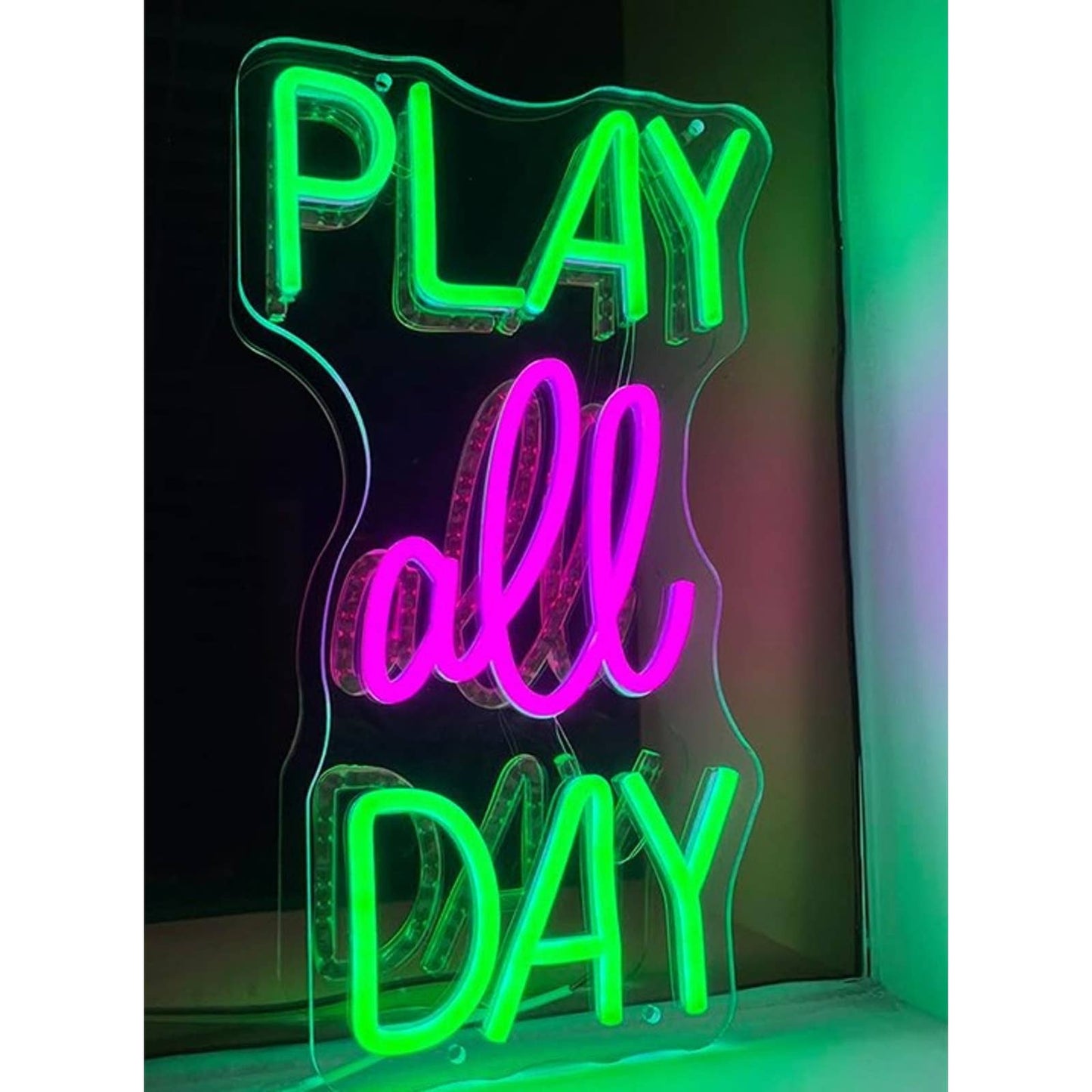 Fun Vivid Bright Pink/Green “Play All Day” LED Night Light Room Wall Decor
