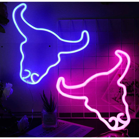 Lovely Bright Pink / Blue Bull Head LED Night Light Room Wall Decor Bundle Set