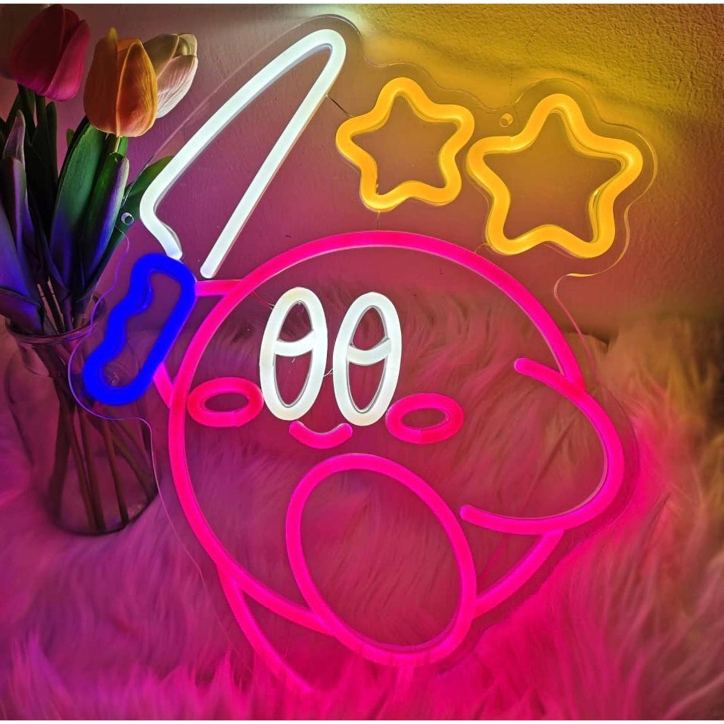 Cute Fun Bright Kirby with Knife Under Stars LED Night Light Video Game Decorati