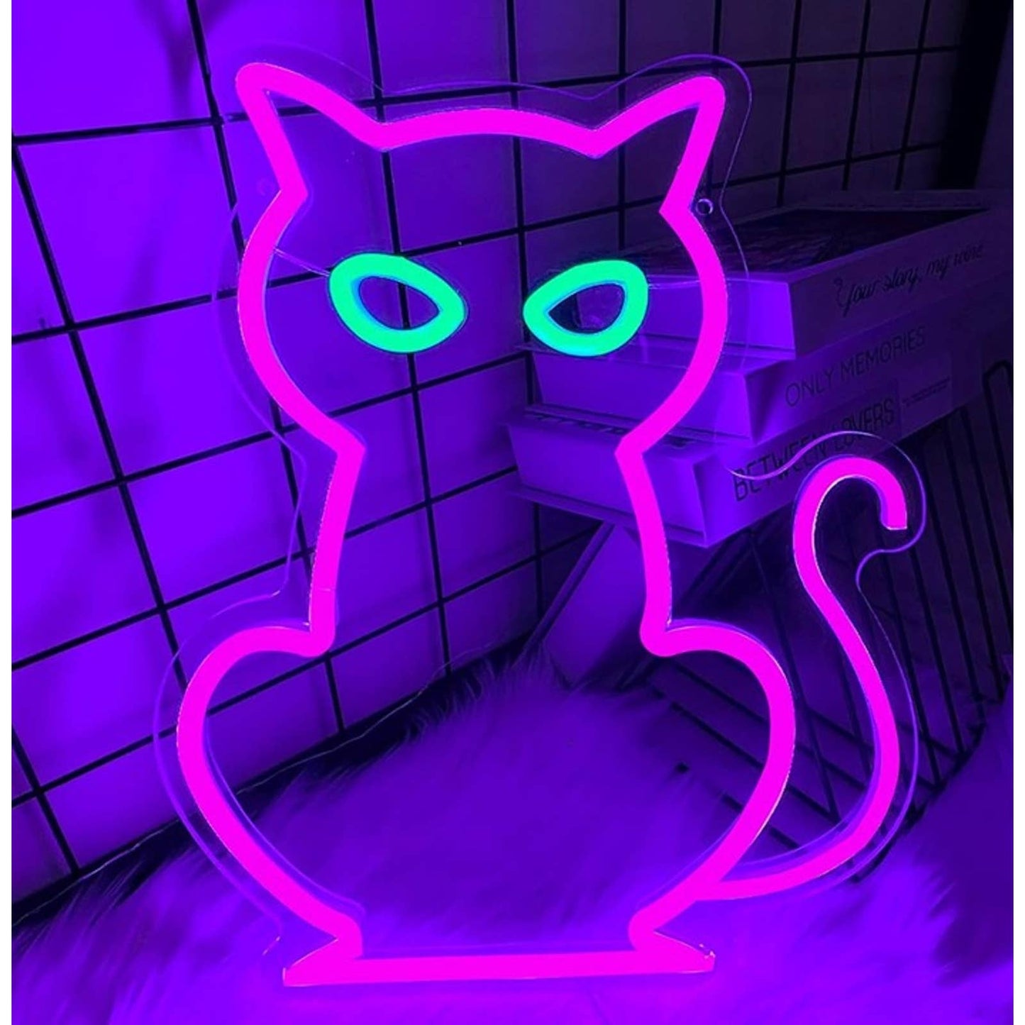 Spooky Bright Green Eyed Pink Witch’s Cat Led Night Light Room Wall Decor