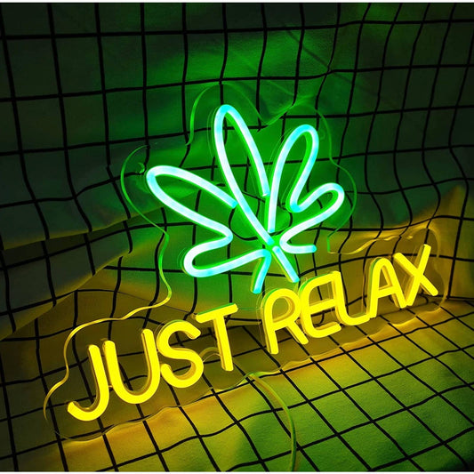 Bright Warm White / Green Just Relax Plant LED Night Light Sign Room Wall Decor