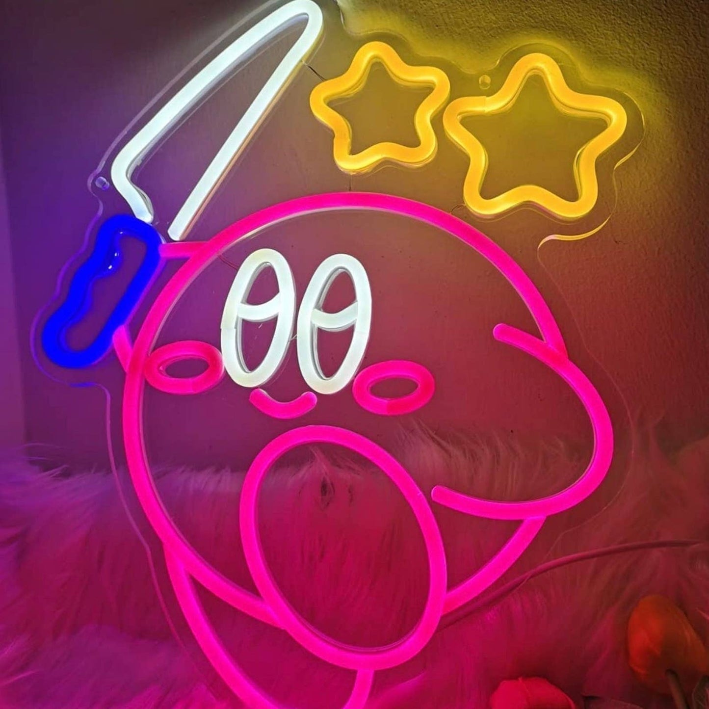 Cute Fun Bright Kirby with Knife Under Stars LED Night Light Video Game Decorati