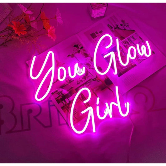 Super Bright Lovely Pink “ You Glow Girl” LED Light Sign Wall Room Decoration