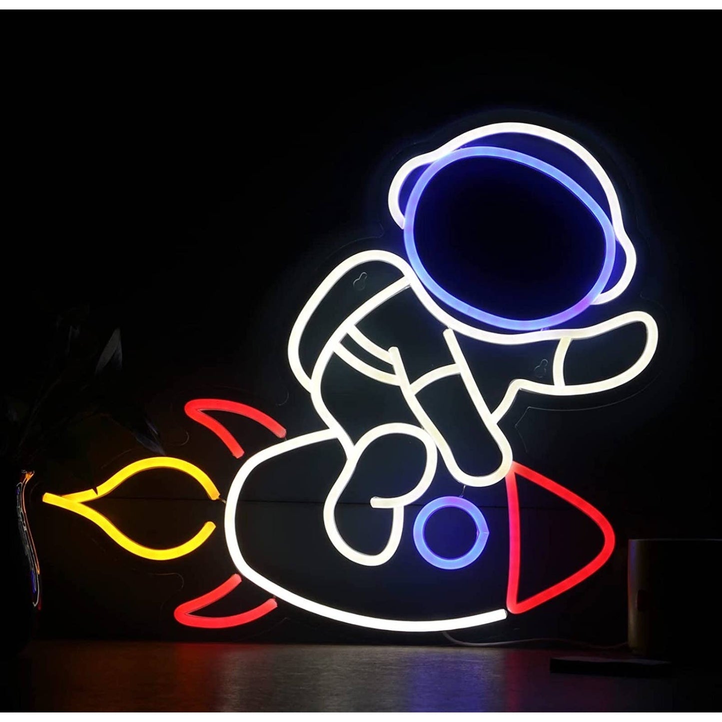 Fun Bright Astronaut Riding a Spaceship Rocket LED Night Light Room Wall Decorat