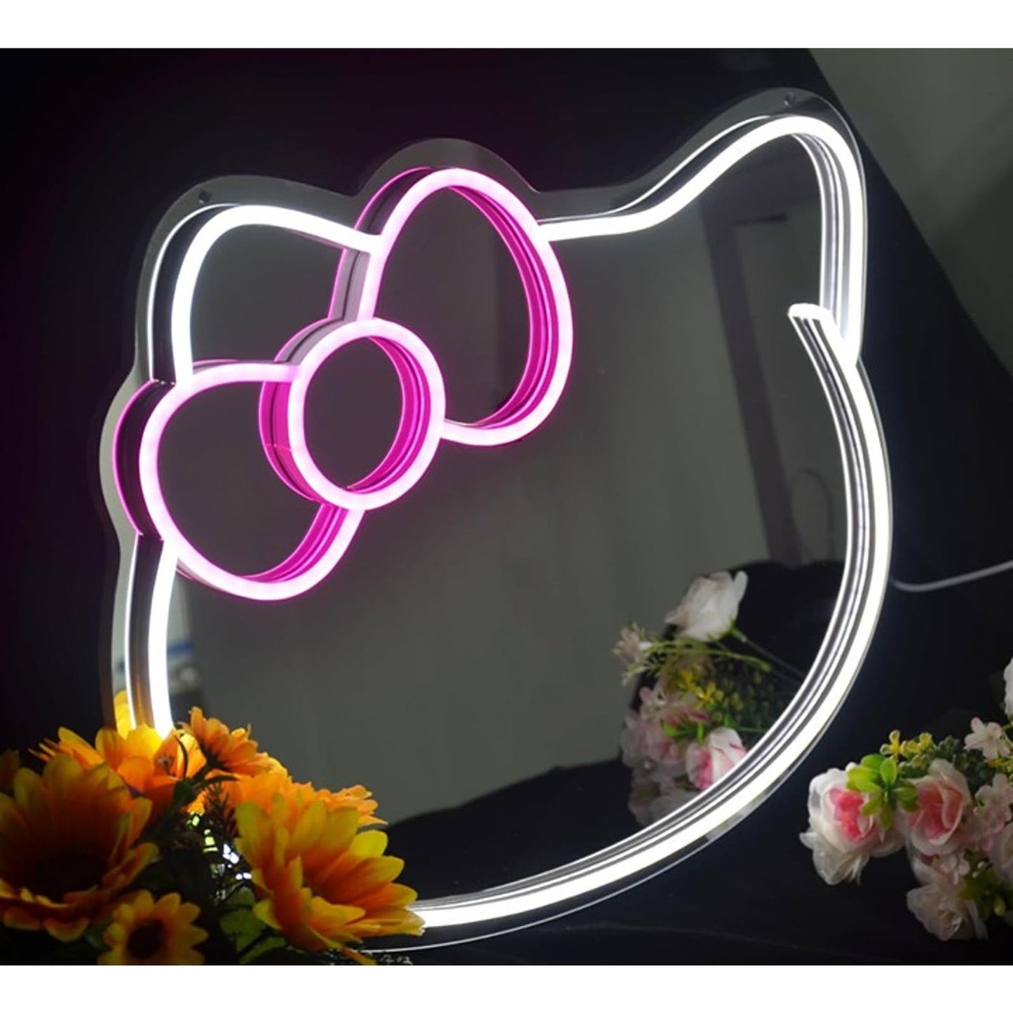 Lovely Bright Pink Bow Hello Kitty Mirror LED Night Light Room Wall Decor