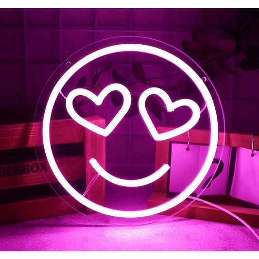 Adorable Bright Warm Pink Heart Eye Smiley Face LED Night Light Room Wall Decora