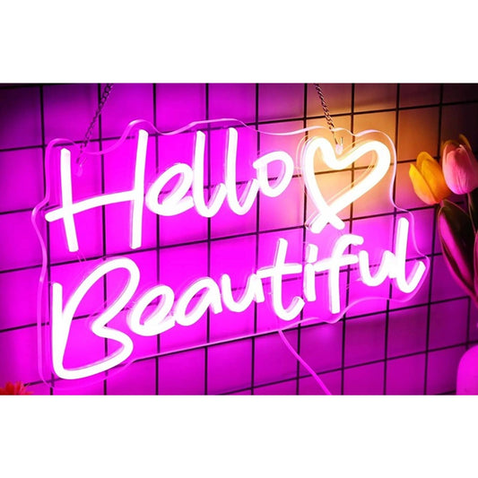 Lovely Bright Pink Heart Hello Beautiful LED Night Light Room Wall Decor