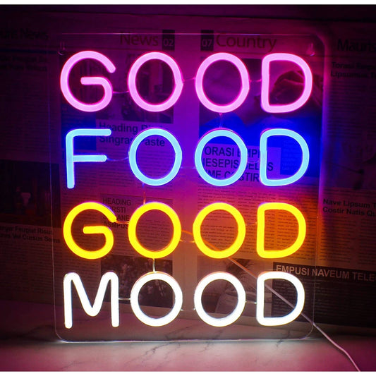 Fun Bright Colorful “Good Food Good Mood” LED Night Light Restaurant Room Wall D