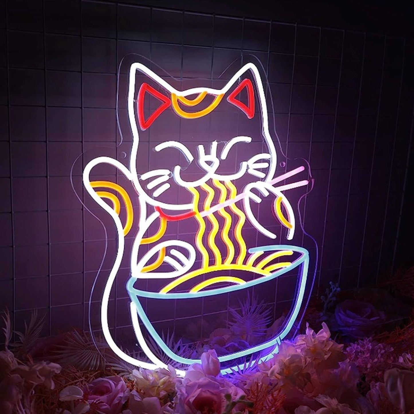Super Cute Chinese Kitty Cat Eating Ramen Noodles LED Night Light Wall Decor