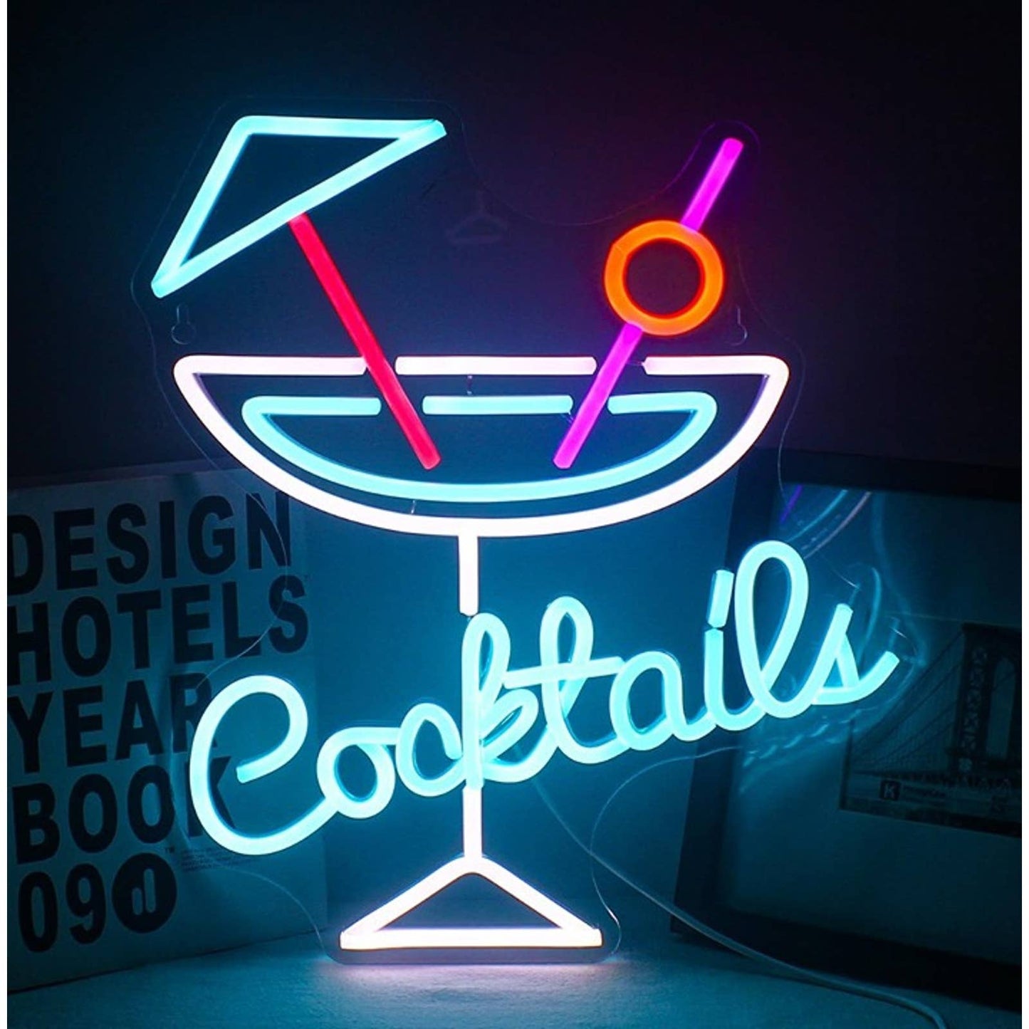 Cool Bright Blue Cocktail w/ Umbrella LED Night Light Bar Party Wall Decor
