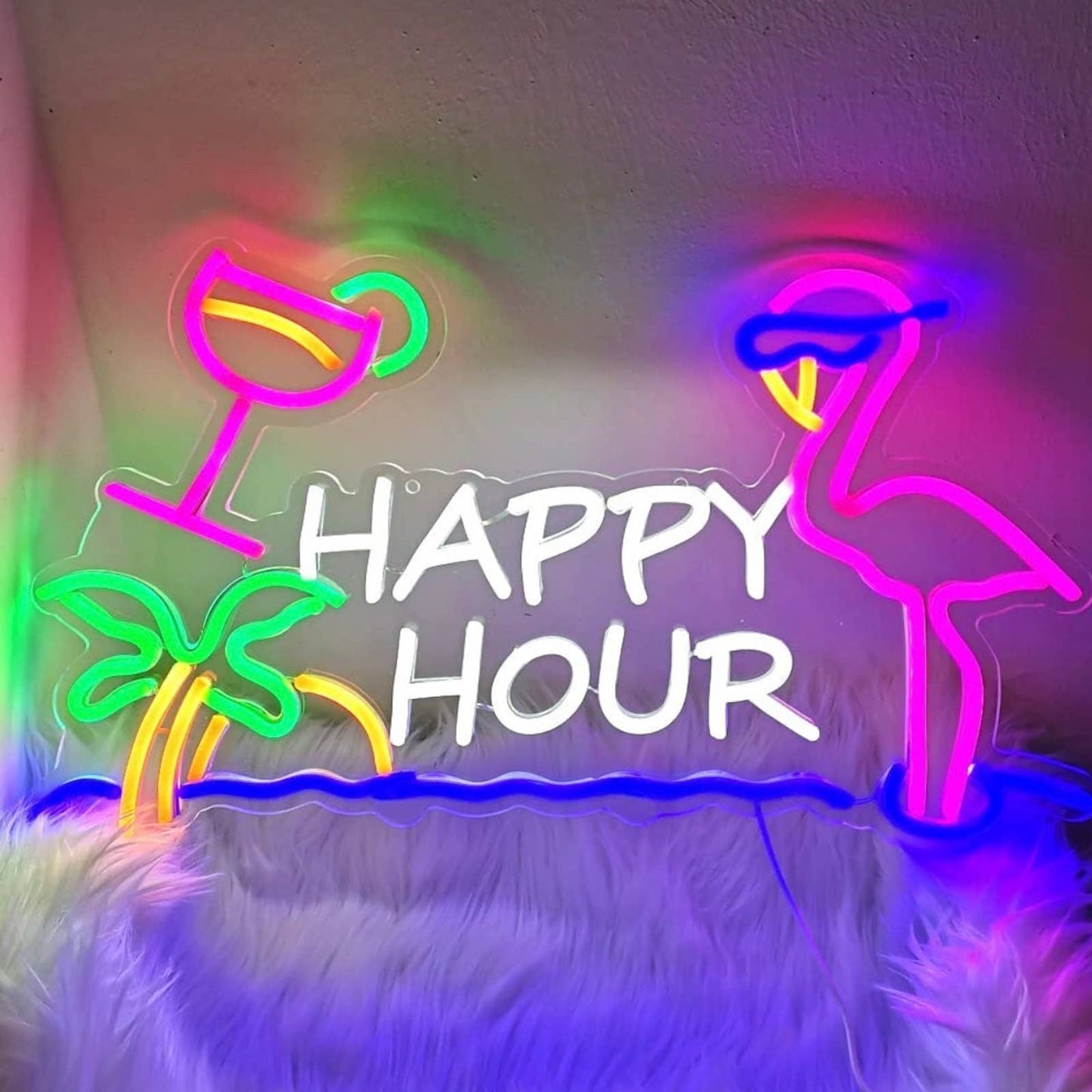 Fun Bright Color Happy Hour Pink Flamingo Sunglasses Palm Tree LED Bar Light Dec
