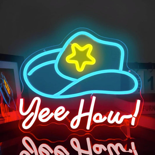 Fun Bright Colorful “Yee Haw!” Blue Cow Boy Hat Star LED Night Light Room Wall D