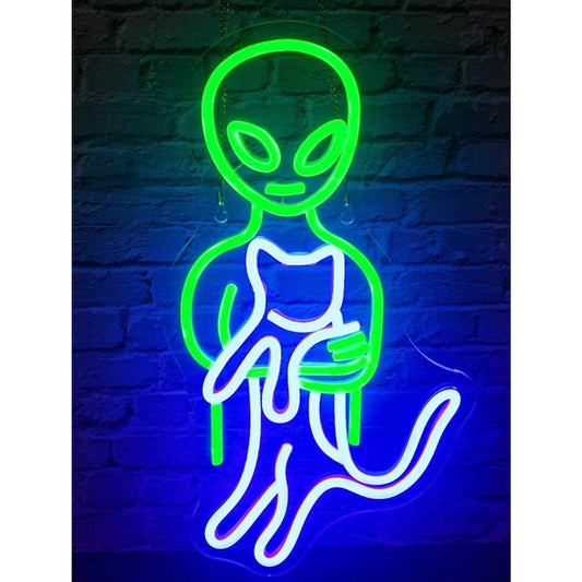 Fun Bright Alien Holding a Cat LED Night Light Room Wall Decor
