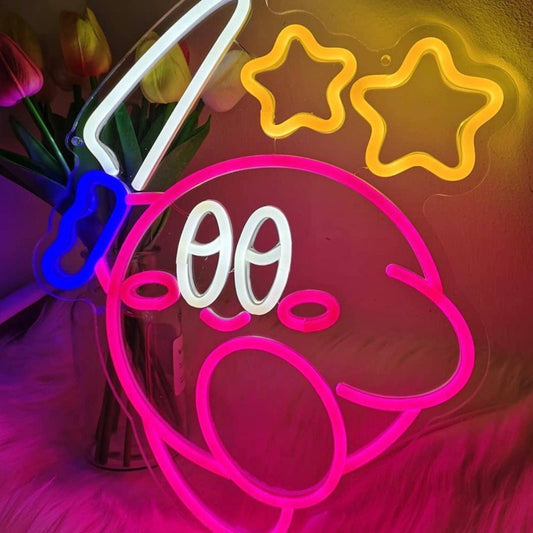 Cute Fun Bright Kirby with Knife Under Stars LED Night Light Video Game Decorati