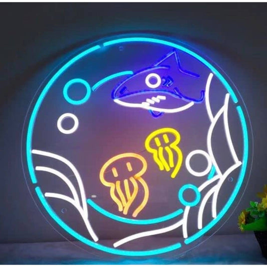 Lovely Bright Squids & Shark Circle Ocean Art LED Night Light Room Wall Decor