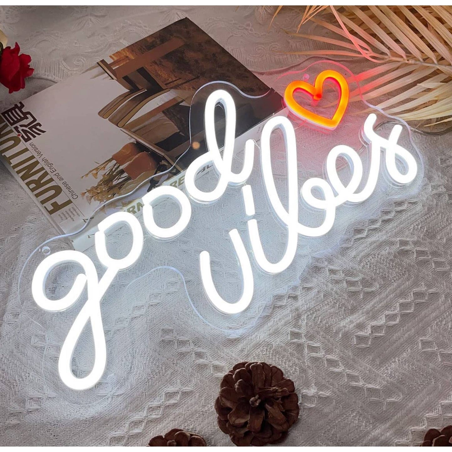 Lovely White Good Vibes Heart LED Night Light Room Wall Decoration