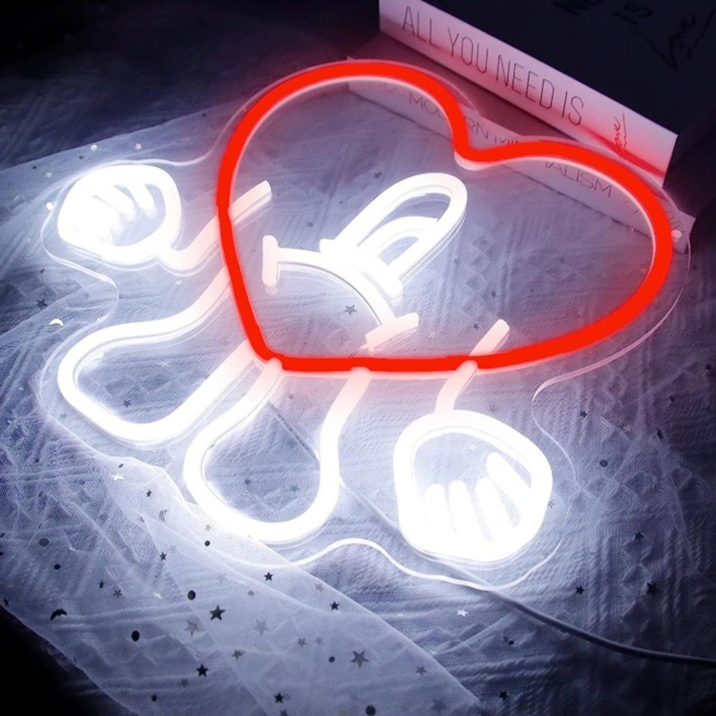 Bright Pink Bad Bunny Cartoon Hart LED Night Light Room Wall Decoration