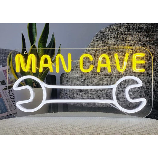 Vivid Bright Yellow/White Man Cave Wrench LED Night Light Sign Garage Decor