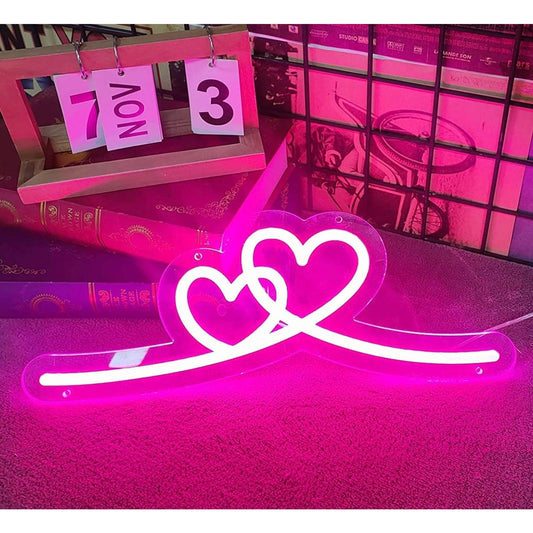 Lovely Bright Vivid Pink Double Heart Loop LED Night Light Room Wall Decor