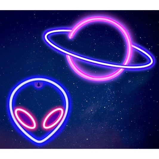 Bright Alien and Planet LED Light Sign Wall Decoration Bundle