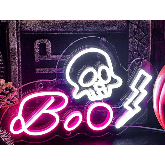 Fun Bright Pink BOO Skull Lightning Bolt LED Night. Light Halloween Decor