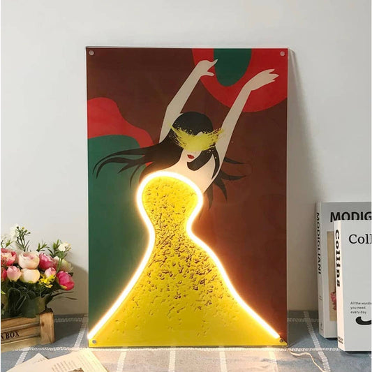 Lovely Bright Beautiful Woman in Yellow Dress LED Light Room Wall Art Decoration