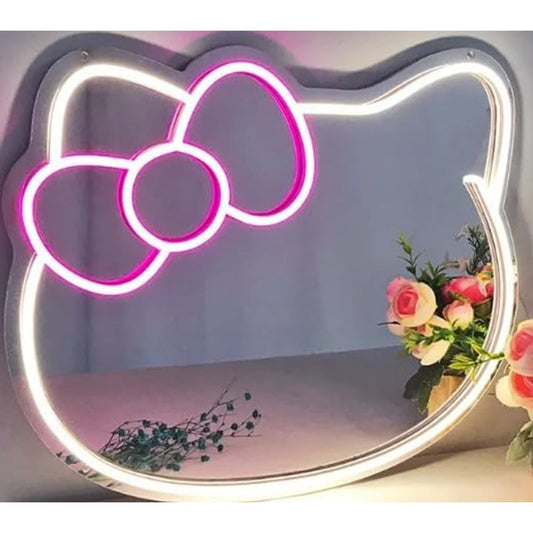 Lovely Bright Pink Bow Hello Kitty Mirror LED Night Light Room Wall Decor