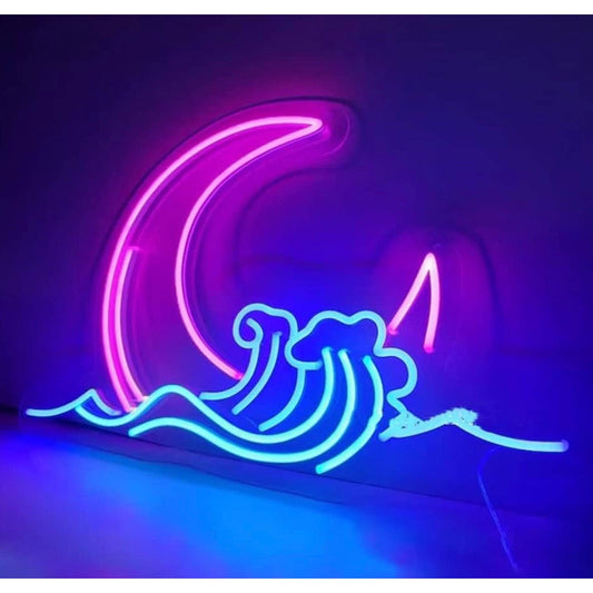 Lovely Bright Blue Wave Pink Crescent Moon LED Night Room Wall Decoration