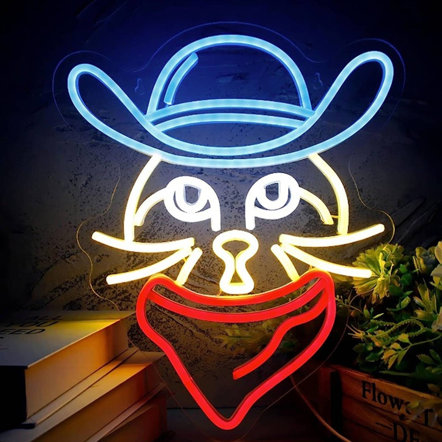 Super Fun Bright Cowboy Kitty Cat w/ Hat & Red Bandana LED Night Light Decor
