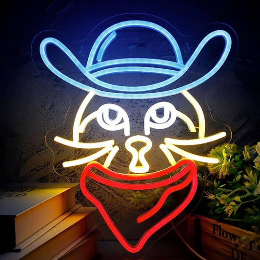 Super Fun Bright Cowboy Kitty Cat w/ Hat & Red Bandana LED Night Light Decor