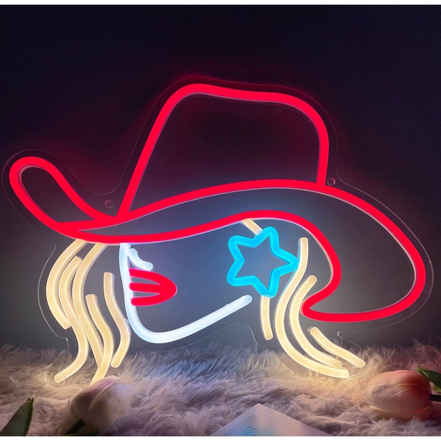 Fun Bright Red Cowgirl Hat LED Night Light Room Wall Decoration