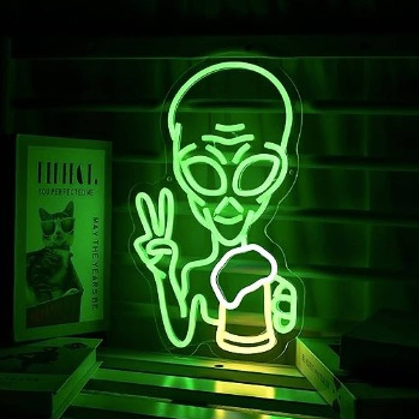 Fun Bright Green Big Headed Beer Drinking Alien LED Night Light Bar Decor